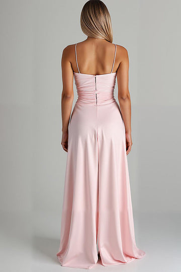 Ruffled High-Low Spaghetti Straps Light Pink Chiffon Evening Dress